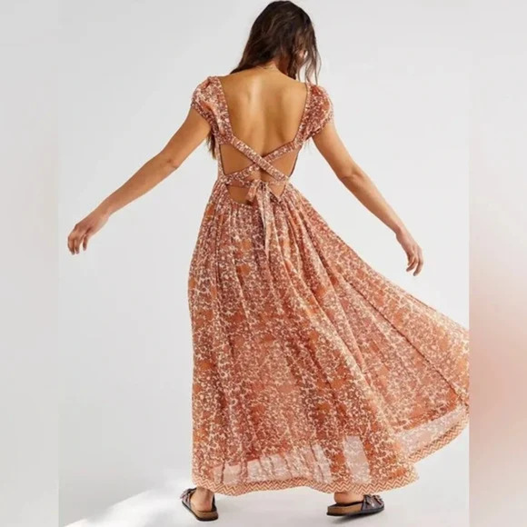 Free People Ultraviolet Floral Puff Sleeve Smocked Maxi Sundress Orange Women XS - Picture 2 of 7